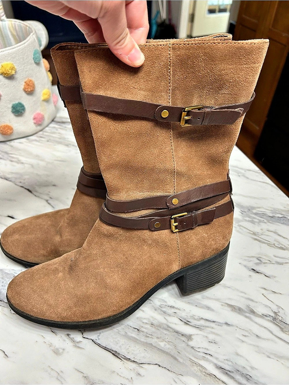 Bandolino Ursal mid-calf boot brown suede Leather Buckle Strap Womens 9.5M